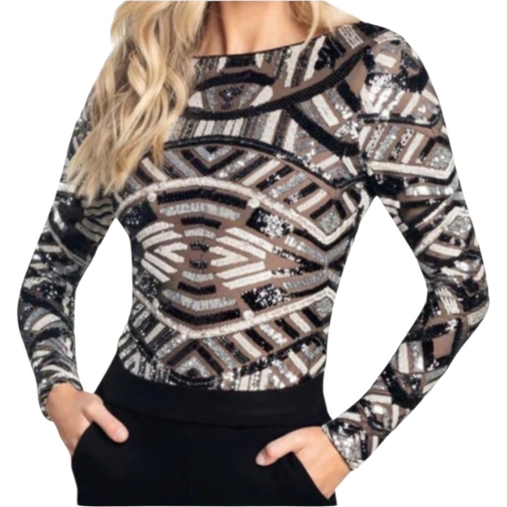 NWT Dress‎ The Population Leia Geometric Sequin Long Sleeve Bodysuit size XXS